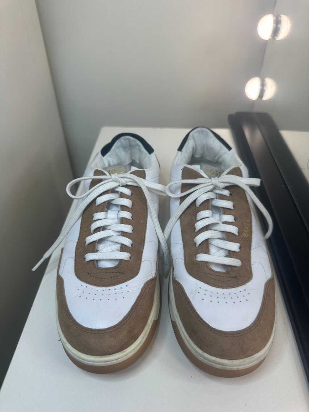 BOSS Hugo Boss White & Cognac Suede Panelled Low-Top Sneakers, EU 38 / US 7.5–8